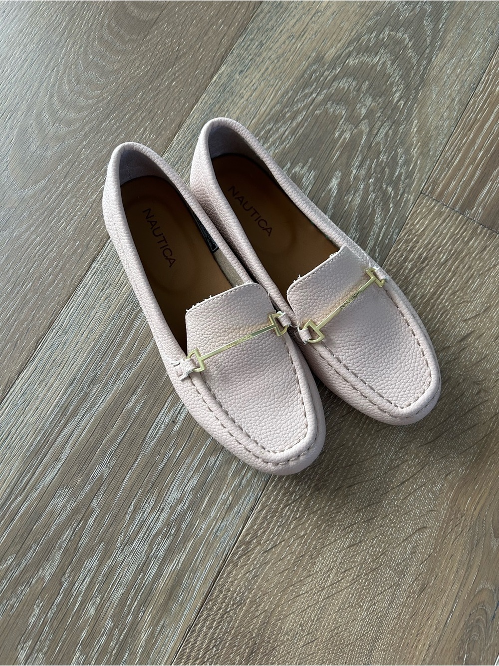 Nautica Pale Pink Leather Moccasin Loafers with Gold Accent